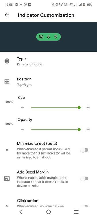 Privacy indicator customization screen in Privacy Dashboard