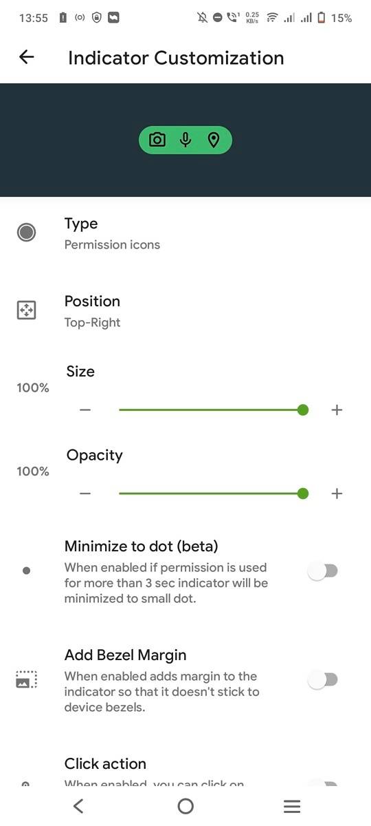 Privacy indicator customization screen in Privacy Dashboard
