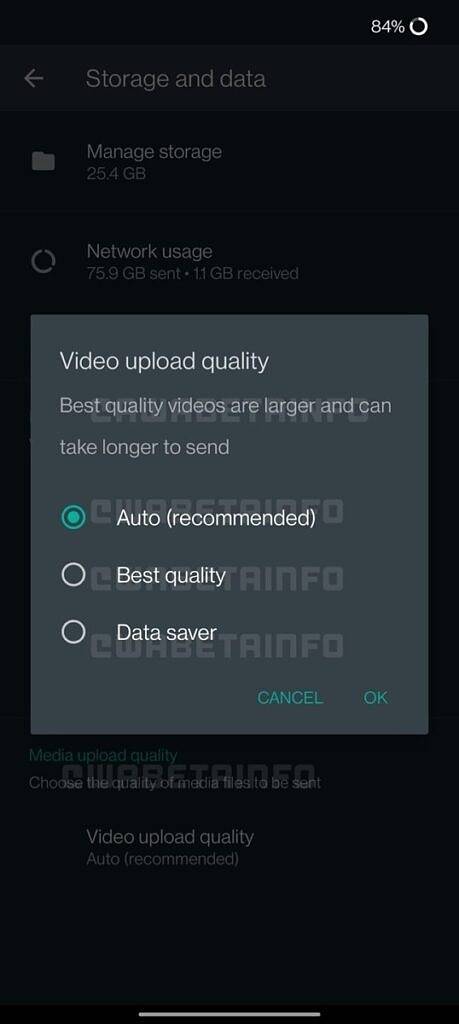 WhatsApp video quality control options for when sending a video