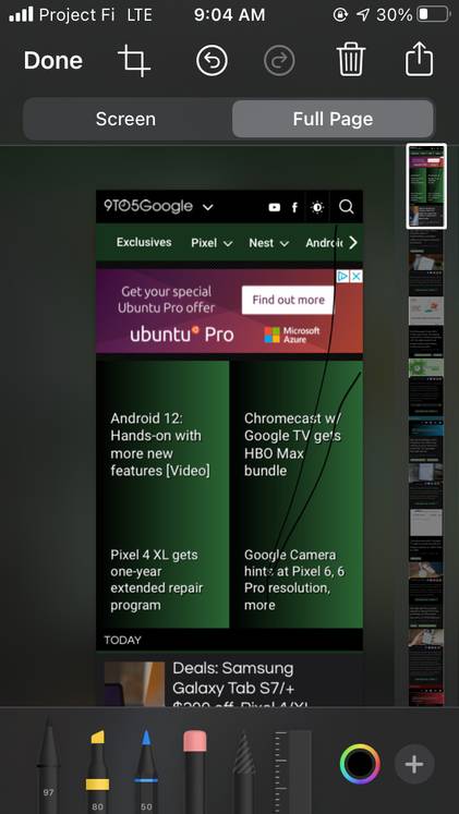 Full Page screenshot editor tab in Chrome 92 for iOS