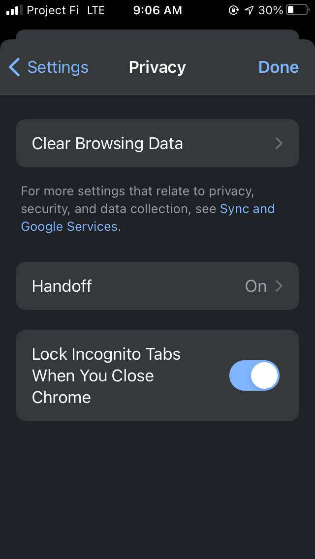 Incognito lock in Chrome 92 for iOS