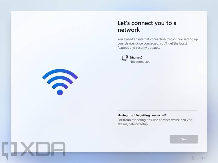 Windows 11 Home setup experience stuck because there's no internet connection