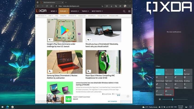 screen snip quick action in Windows 10