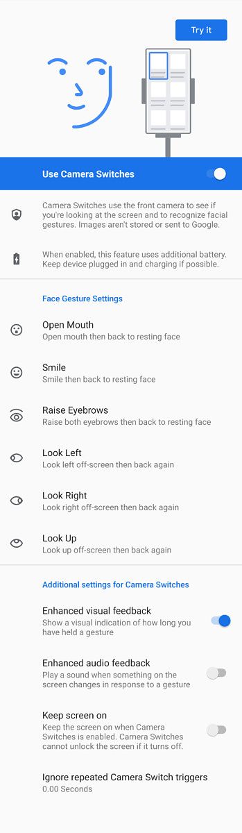 Android's Camera Switches lets you control your phone with your face