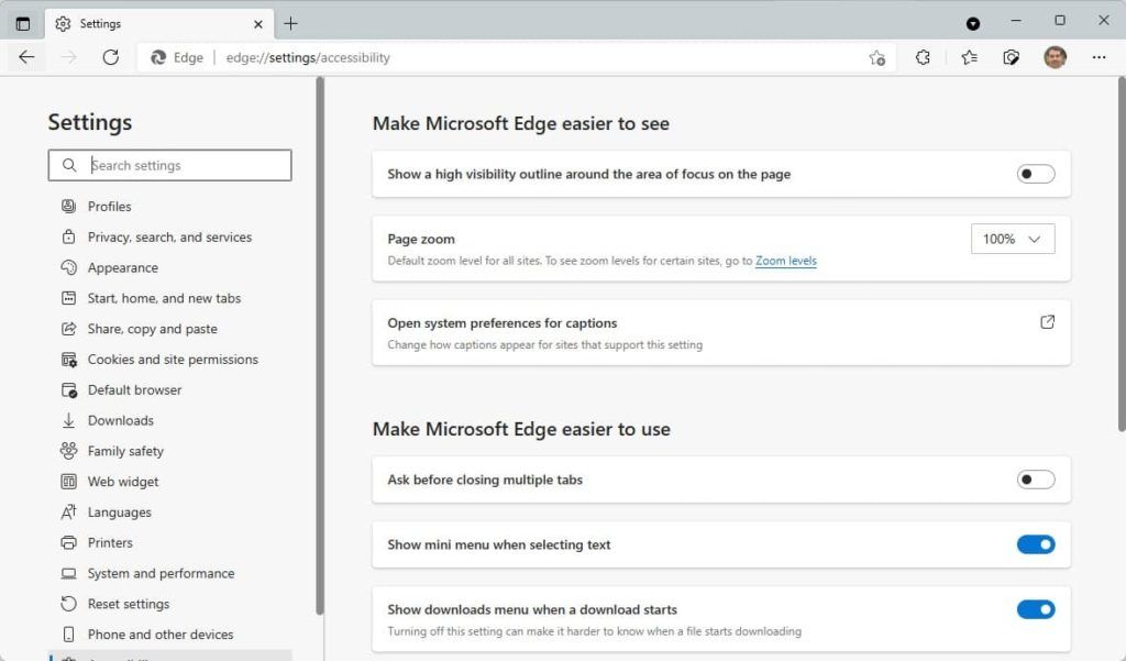 Accessibility settings page in Edge browser