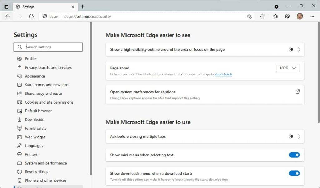 Accessibility settings page in Edge browser