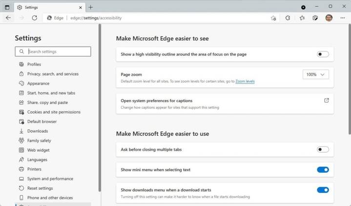 Accessibility settings page in Edge browser