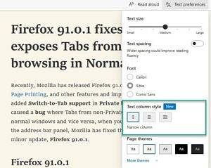 Text column style option in Microsoft Edge browser