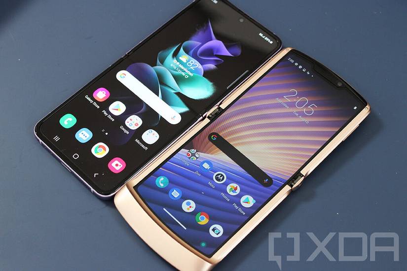 Motorola RAZR 5G and Galaxy Z Flip 3 unfolded with displays on