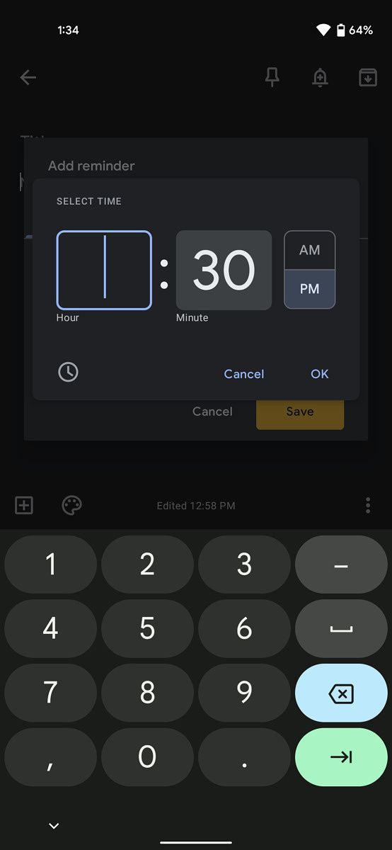 Material You Android Time picker UI with keyboard open
