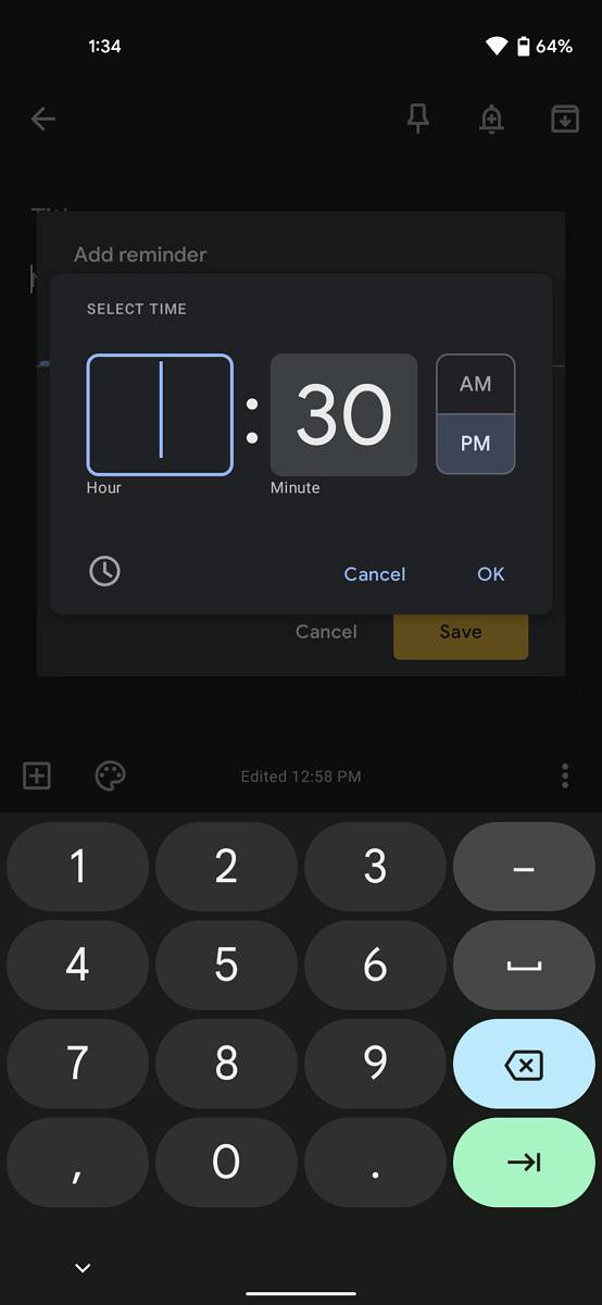 Material You Android Time picker UI with keyboard open