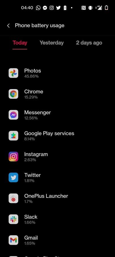 OnePlus Nord 2 Battery life stats at 9%