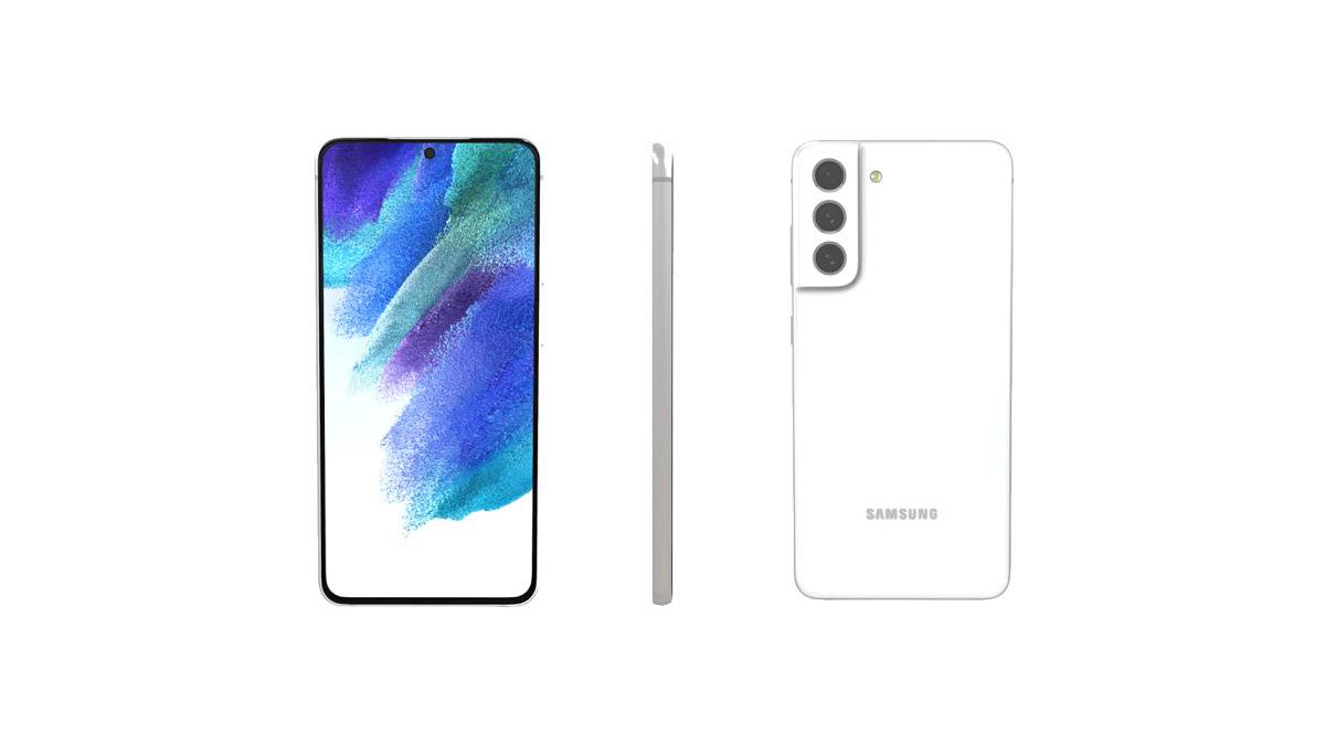 Samsung Galaxy S21 FE in white front, side, and back