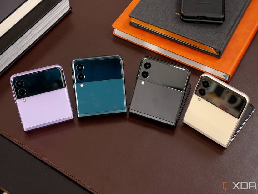Samsung Galaxy Z Flip 3, partially folded, in all four colors