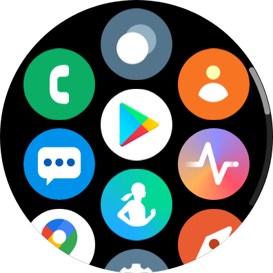 Grid of apps including Samsung Health, Google Pay, and phone