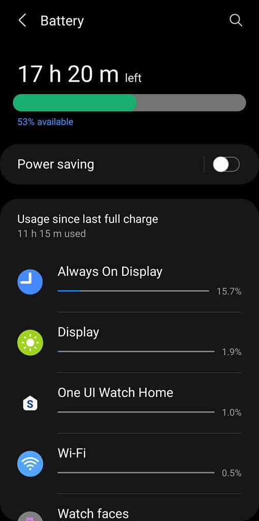Screenshot of 53% battery remaining after 11 hours and 15 minutes off the charger