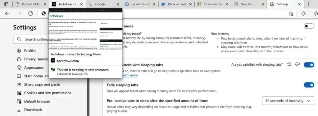 Sleeping tabs preferences in Edge 94