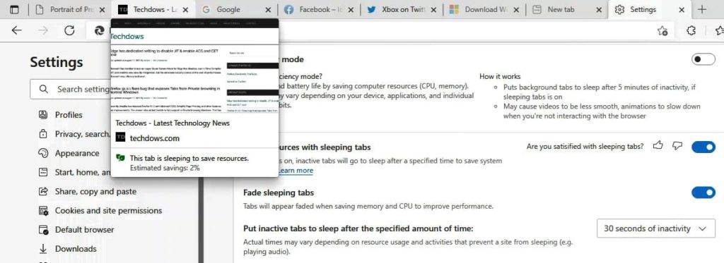 Sleeping tabs preferences in Edge 94