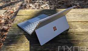 Rear angled view of Surface Pro X in Platinum