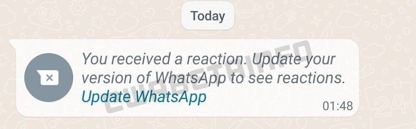 A text message in WhatsApp that reads "You received a reaction: Update your version of WhatsApp to see reactions."