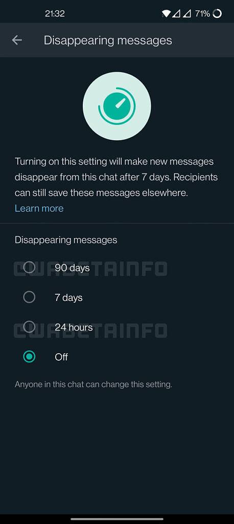 Disappearing messages options in WhatsApp
