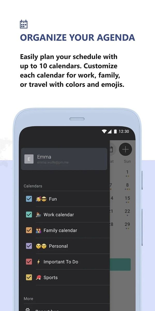Proton Calendar menu