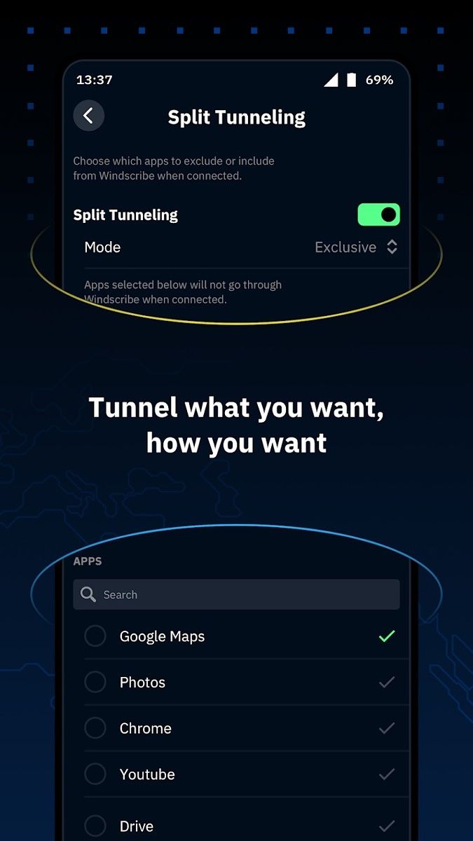 WindScribe split tunneling