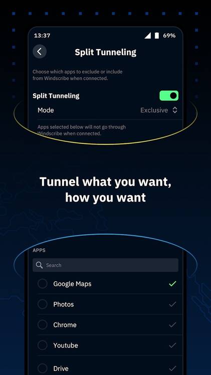WindScribe split tunneling