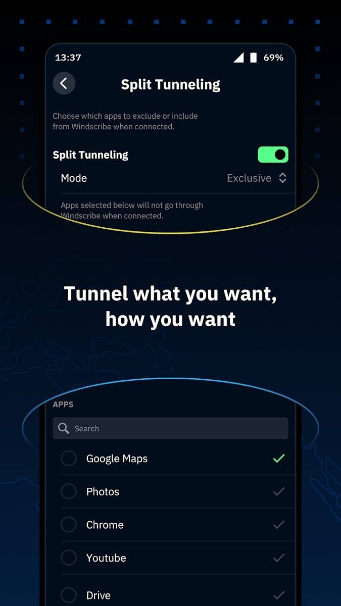 WindScribe split tunneling
