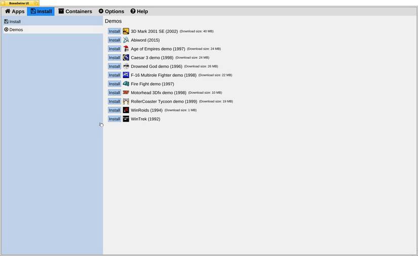 Boxedwine in Haiku OS with a list of installable programs