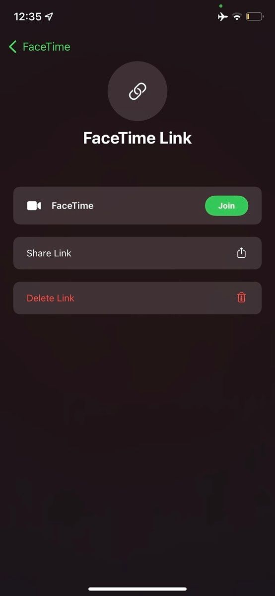 Screenshot showing a FaceTime link in iOS 15