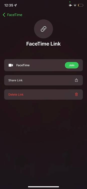 Screenshot showing a FaceTime link in iOS 15