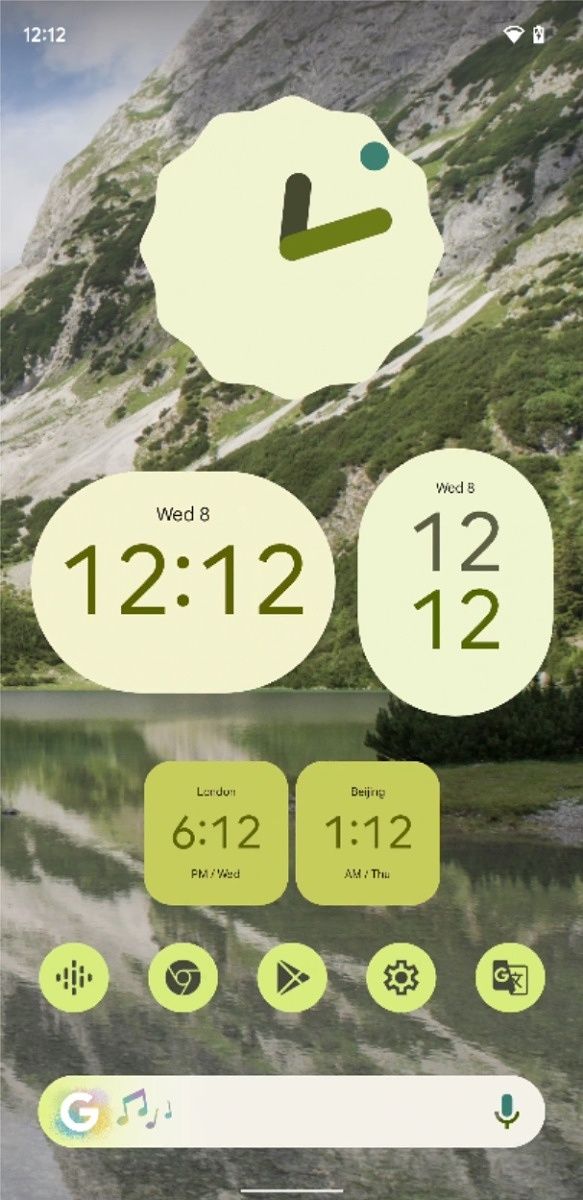 Light green Material You clock widgets in Android 12 Beta 5