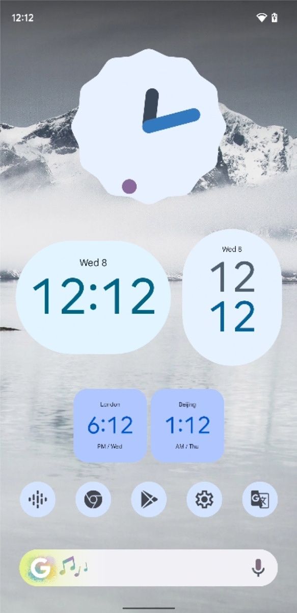 Light blue Material You clock widgets in Android 12 Beta 5