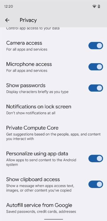 Privacy settings in Android 12 Beta 5