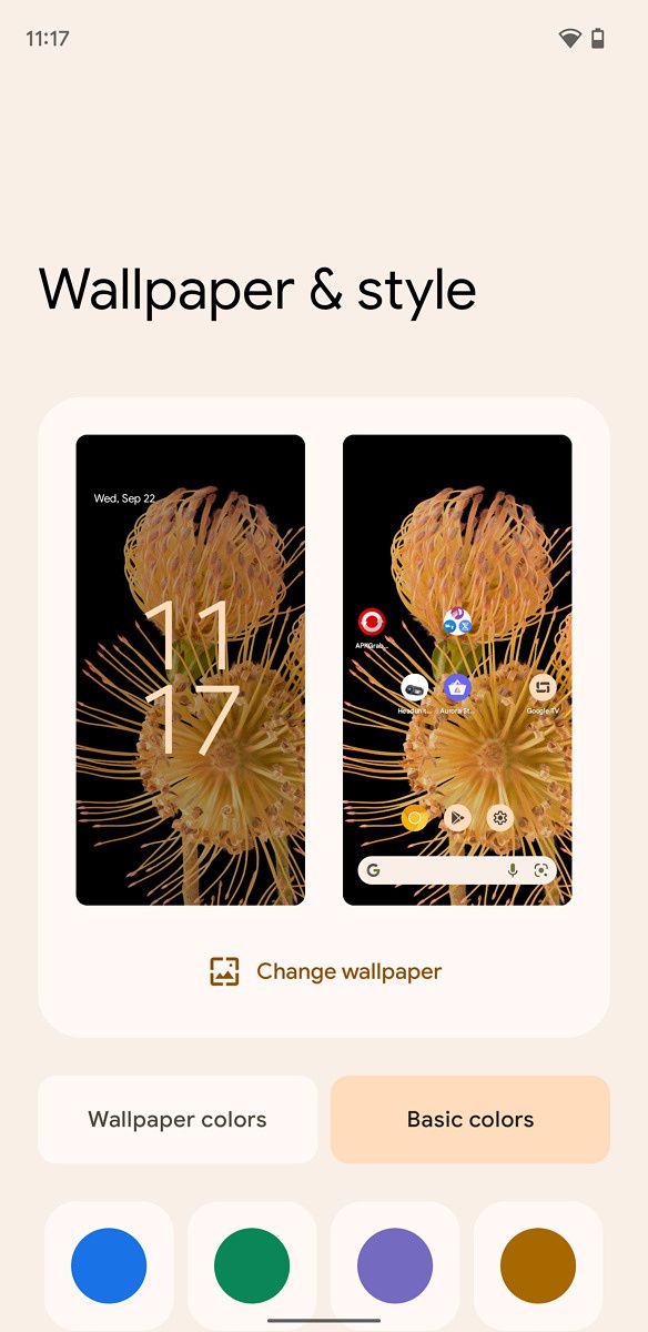 Basic color options on a Pixel phone running Android 12
