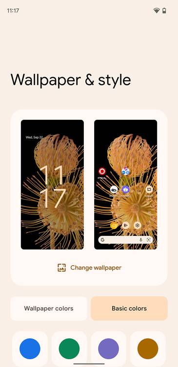 Basic color options on a Pixel phone running Android 12