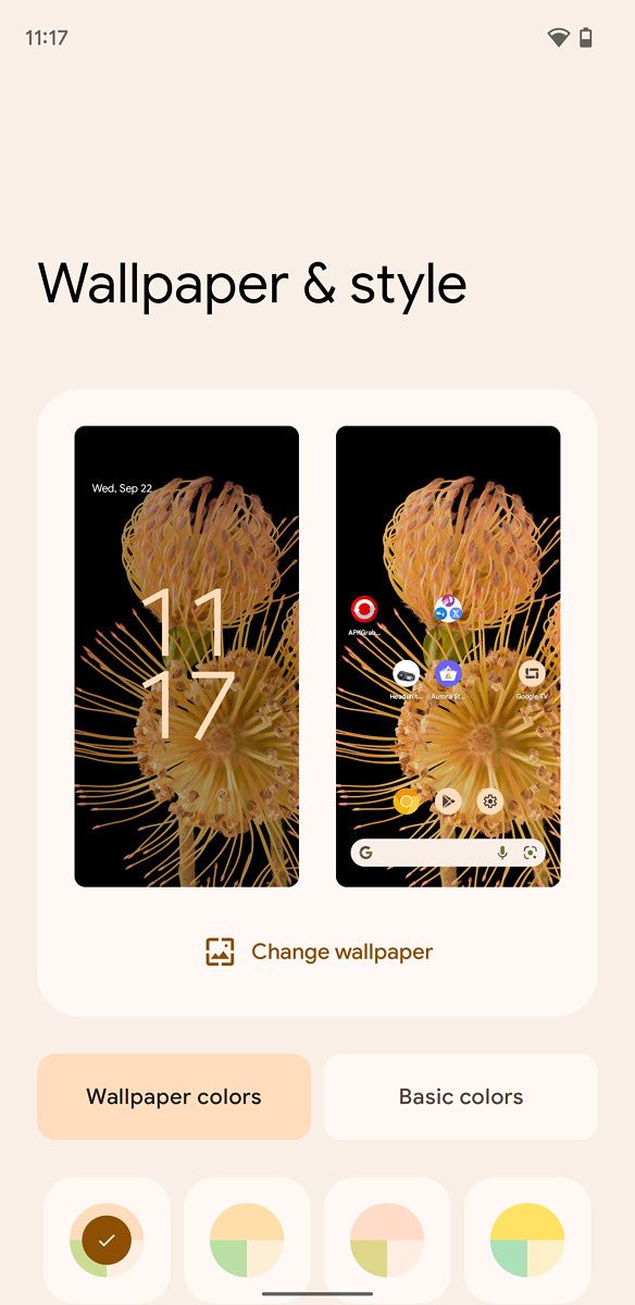 Wallpaper color options on a Pixel phone running Android 12