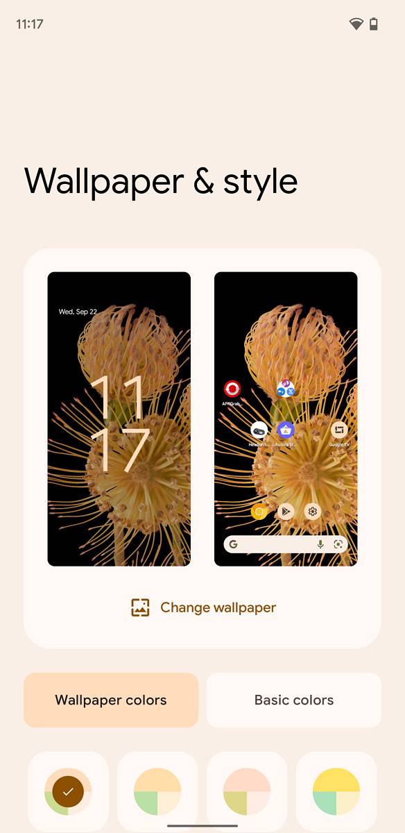 Wallpaper color options on a Pixel phone running Android 12