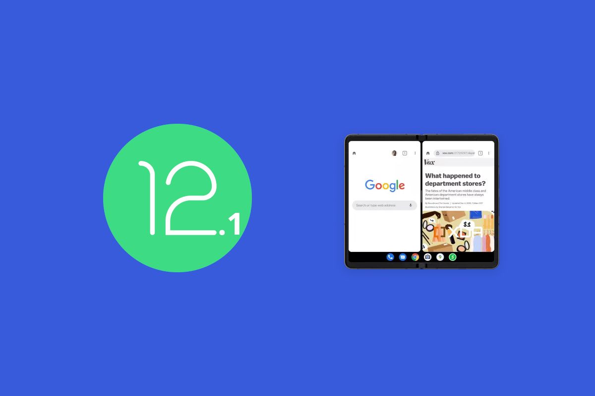Custom Android 12.1 logo next to user education dialog for taskbar changes on foldables