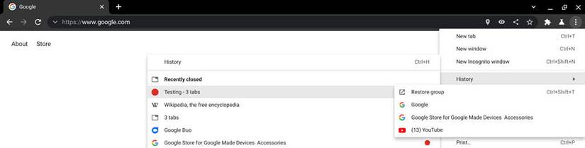 Chrome 93 Recently Closed menu changes