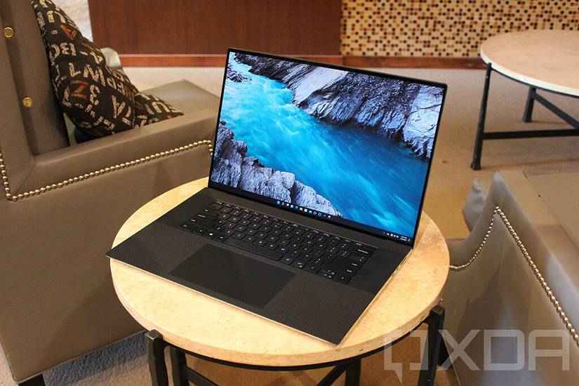 Dell XPS 17 angled view on small table