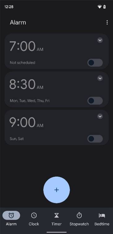 Alarm tab in Google Clock 7.0