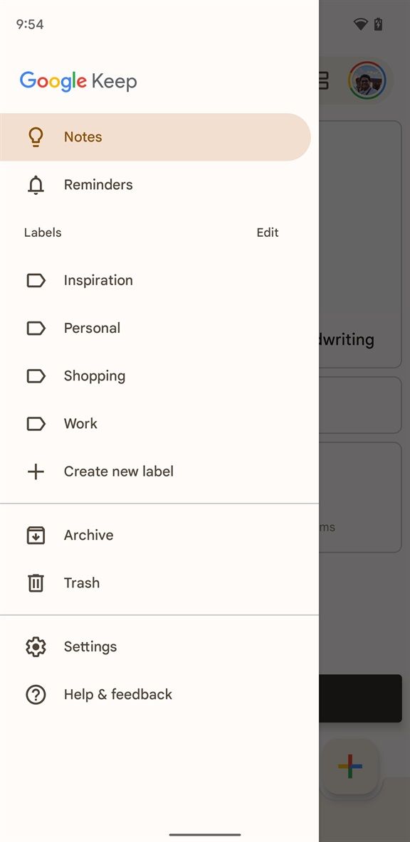 Google Keep new Material You menu