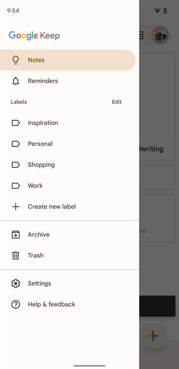 Google Keep new Material You menu