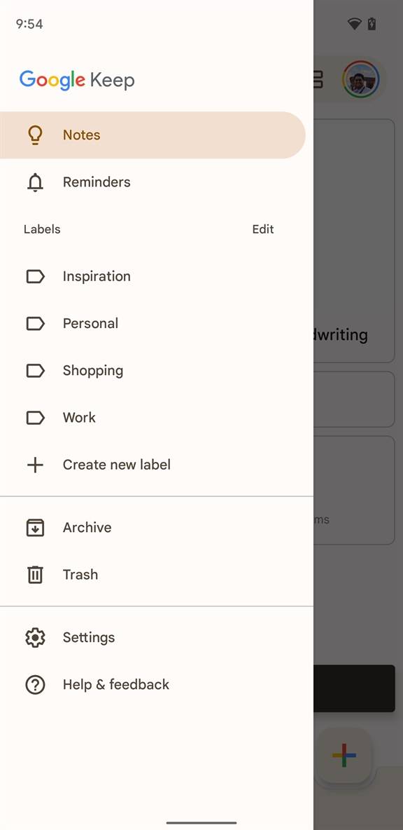 Google Keep new Material You menu