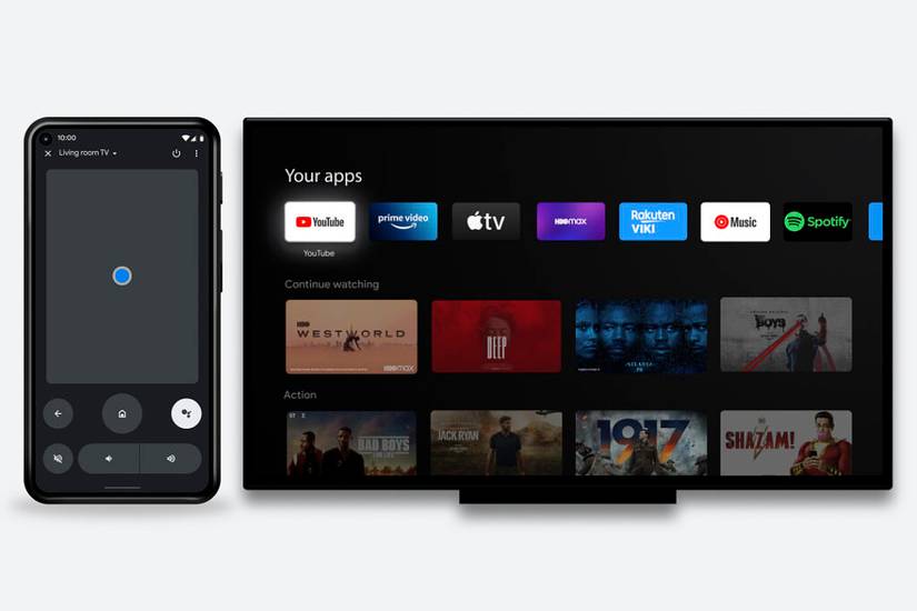 Google TV remote next to Android TV on gray background