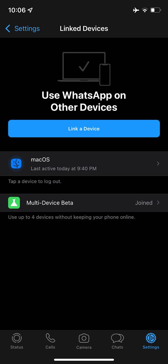 screenshot of WhatsApp multi-device beta on stable iOS version