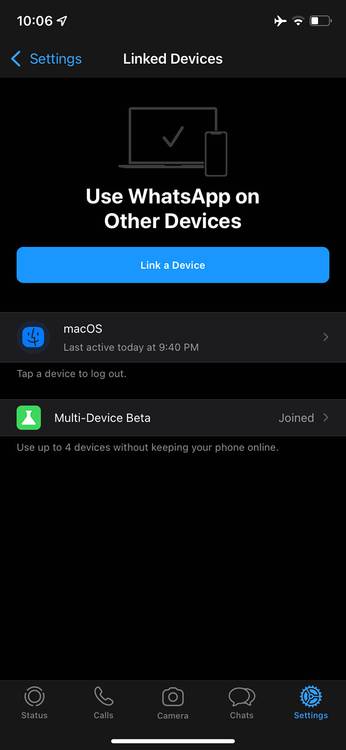 screenshot of WhatsApp multi-device beta on stable iOS version