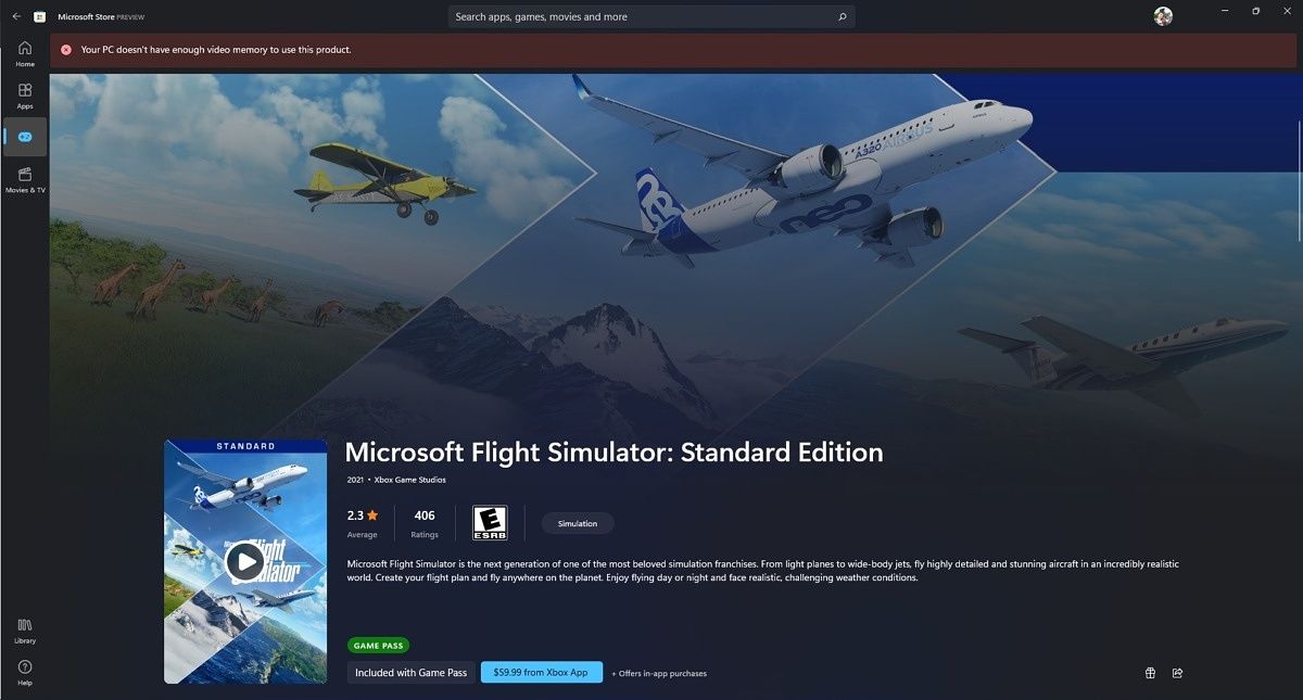 Microsoft Flight Simulator listing on the Microsoft Store